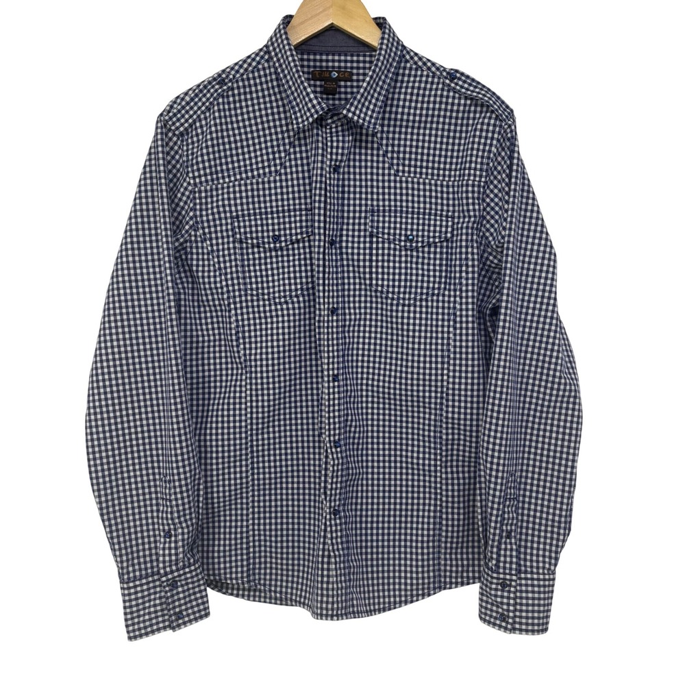 TWICE Navy White Gingham Western Pearl Snap Shirt L Epaulettes Rodeo Americana
